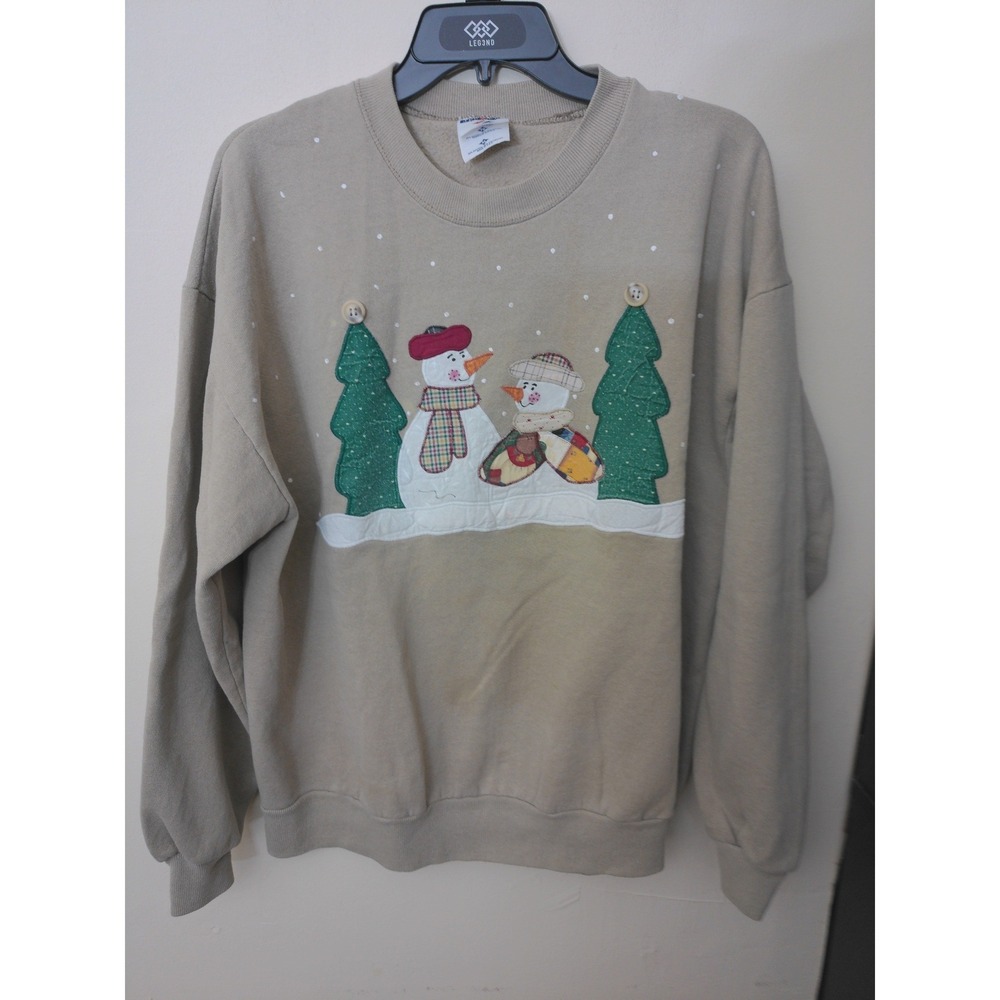 Jerzees Sweatshirt Women XL Tan Good Vintage Snowman Applique Christmas 1325